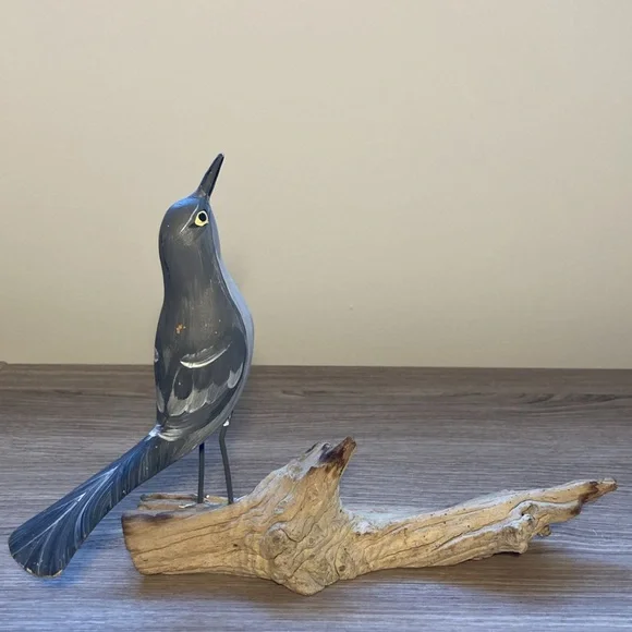 Sculpture cat Bird Figurine on Driftwood hand painted